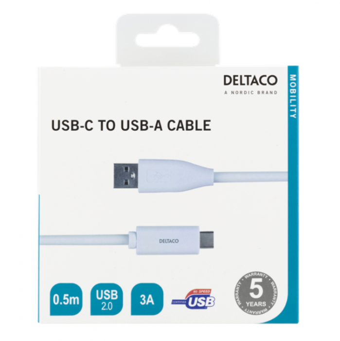 UTGATT1 - Deltaco USB-A till USB-C Kabel 0.5m 3A - Vit