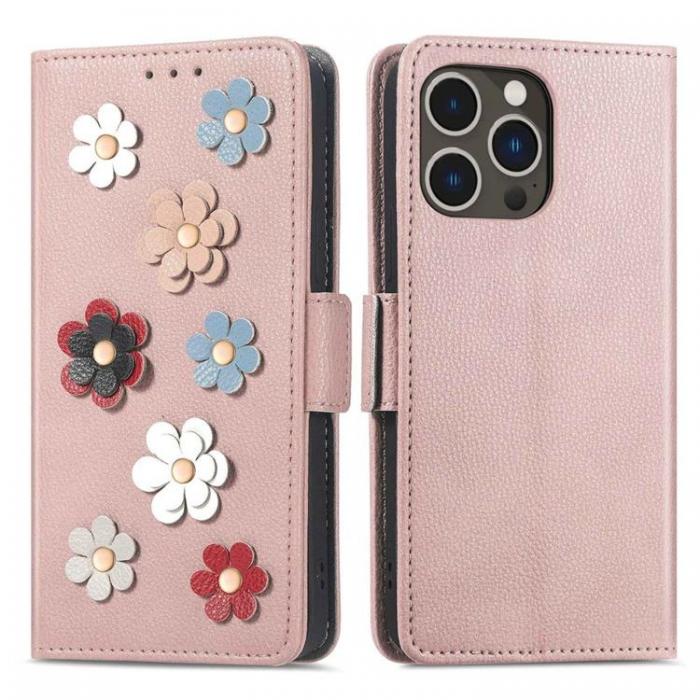 A-One Brand - iPhone 14 Pro Max Plnboksfodral Flower Decor Magnetic - Rosa Guld