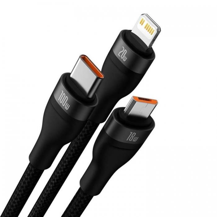 BASEUS - Baseus USB Till Micro USB Typ-C Lightning Kabel 100 W 1.2 m - Svart
