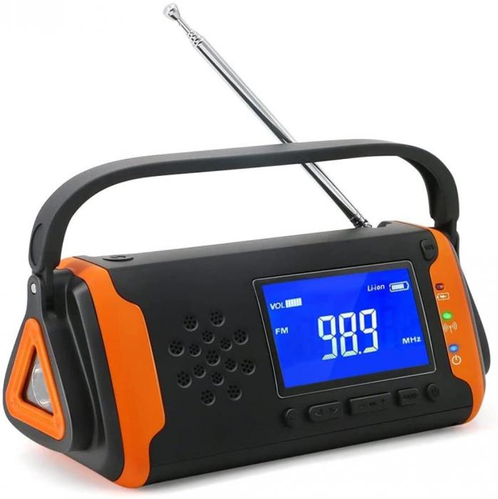 UTGATT5 - vev-radio 4000mAh Powerbank med LCD Skrm, Solceller, och Ficklampa - Orange