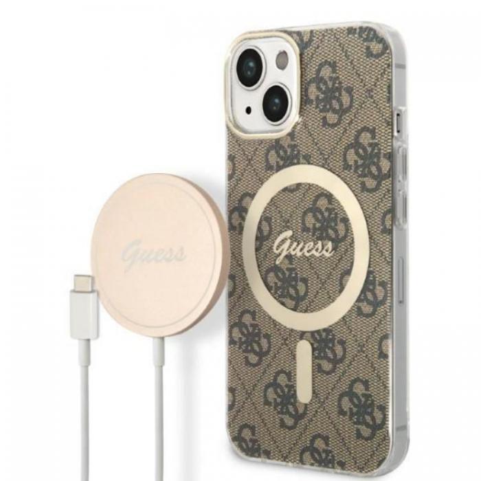 Guess - GUESS iPhone 14 Plus Magsafe Skal 4G Print + Trdls Laddare - Brun