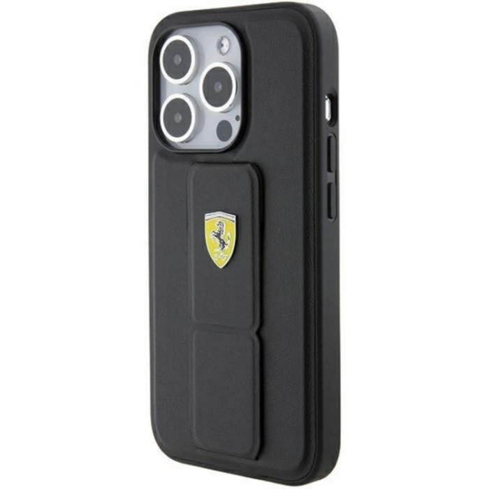 Ferrari - Ferrari iPhone 15 Mobilskal Grip Stand Metal Logo - Svart