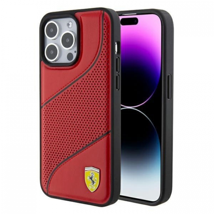 Ferrari - Ferrari iPhone 15 Pro Mobilskal Perforated Waves Metal Logo - Rd
