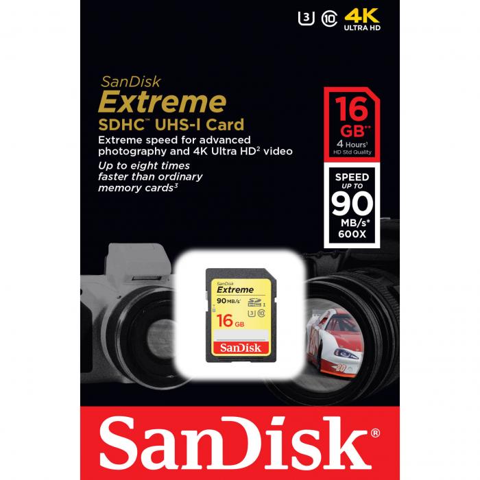UTGATT5 - SANDISK EXTREME SDHC CARD 16GB 90MB/S CLASS 10 UHS-I