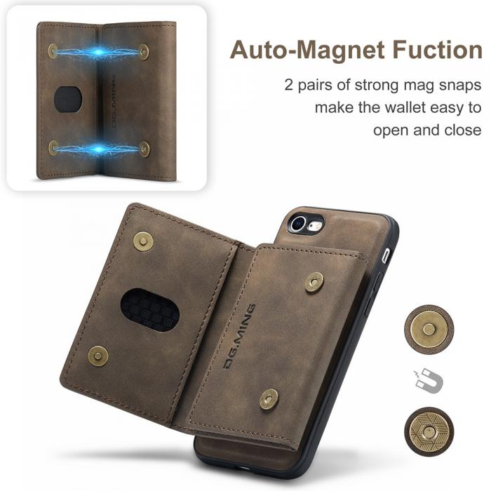 DG.MING - iPhone 7/8/SE 2020 Skal DG.MING Magnetic Tri-fold Wallet Med Kickstand - Coffee