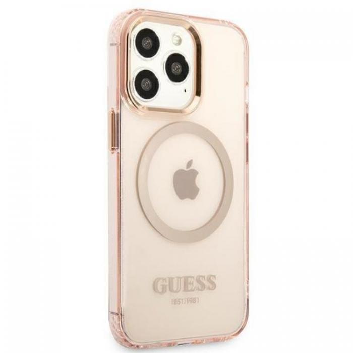 Guess - GUESS iPhone 13 Pro Max Skal MagSafe Gold Outline Translucent - Rosa