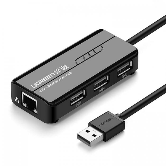 Ugreen - Ugreen Hub 3x USB-A Ntverksadapter RJ45/USB-A 10/100Mbps - Svart