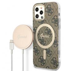 Guess - Guess iPhone 12/12 Pro Magsafe Skal 4G Print + Trådlös Laddare - Brun