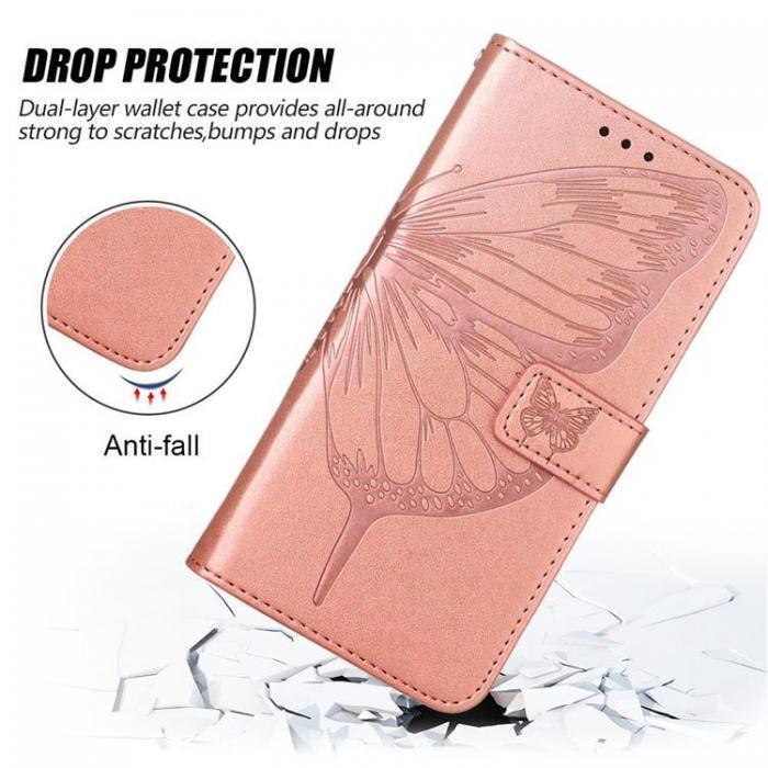 A-One Brand - iPhone 14 Pro Max Plnboksfodral Butterfly Flower Imprinted - Rosa Guld