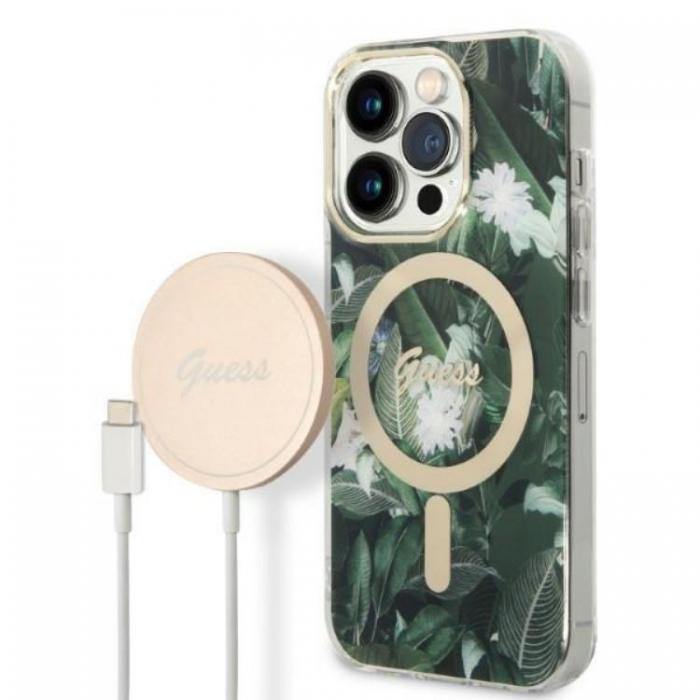 Guess - GUESS iPhone 14 Pro Magsafe Skal Jungle + Trdls Laddare - Grn