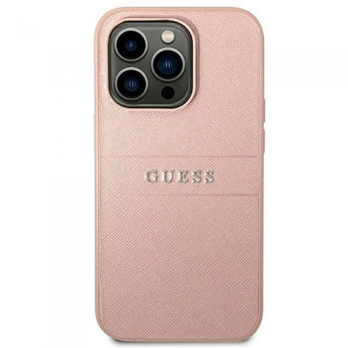 Guess - GUESS iPhone 14 Pro Max Skal Glitter Flakes Script Metal Logo - Rosa
