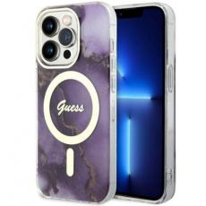 Guess - Guess iPhone 14 Pro Mobilskal MagSafe Guld Marble - Lila