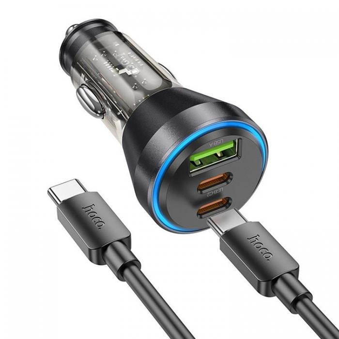 Hoco - Hoco Billaddare 2x USB-C/USB-A Med Kabel - Svart/Transparent