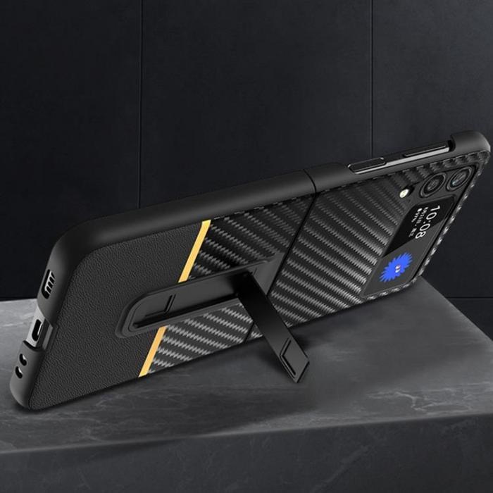 A-One Brand - Galaxy Z Flip 4 Skal Carbon Fiber Kickstand - Gul