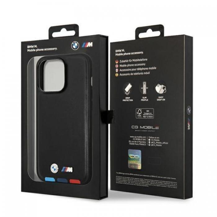 BMW - BMW iPhone 14 Pro Skal Lder Stamp Tricolor - Svart