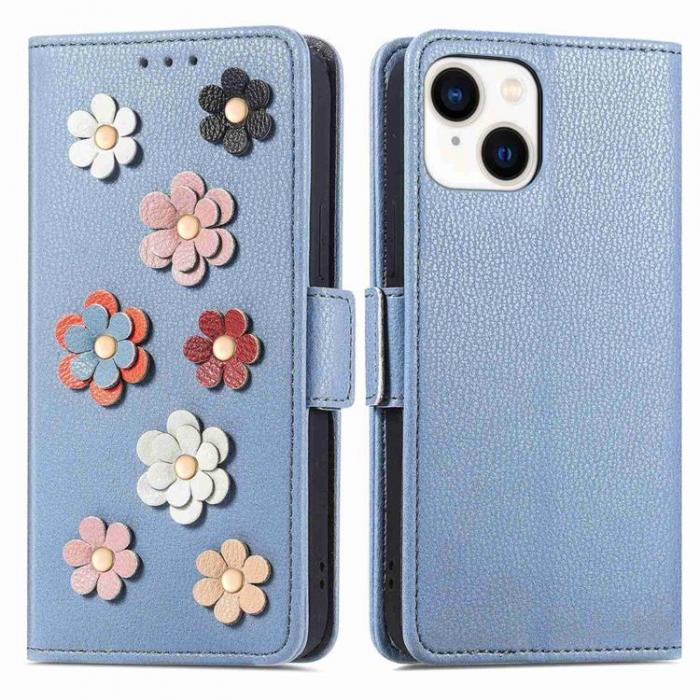 A-One Brand - iPhone 14 Plnboksfodral Flower Decor Magnetic - Bl