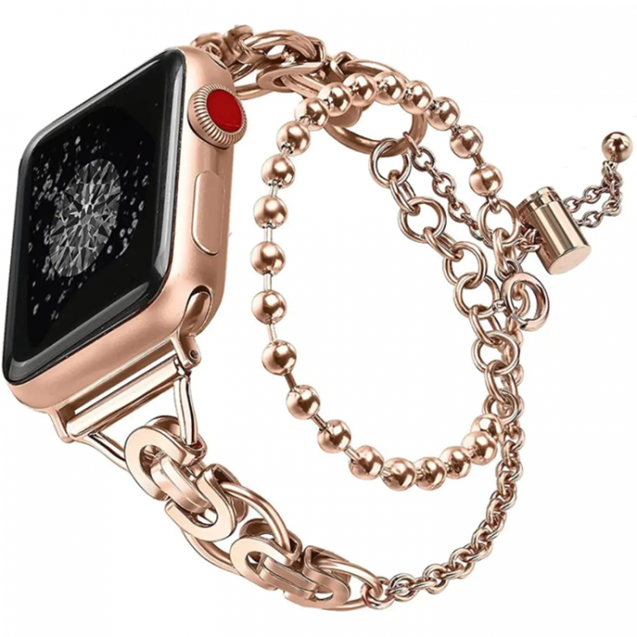 A-One Brand - Apple Watch 2/3/4/5/6/7/SE (42/44/45/49mm) Armband Metal Pearls - Rosa Guld