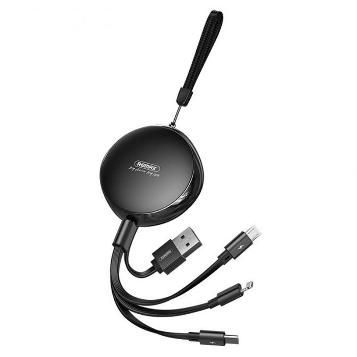 UTGATT5 - REMAX Retractable Kabel 3in1 Lightning - Micro USB - USB-C 2,1 A 1 m - Svart