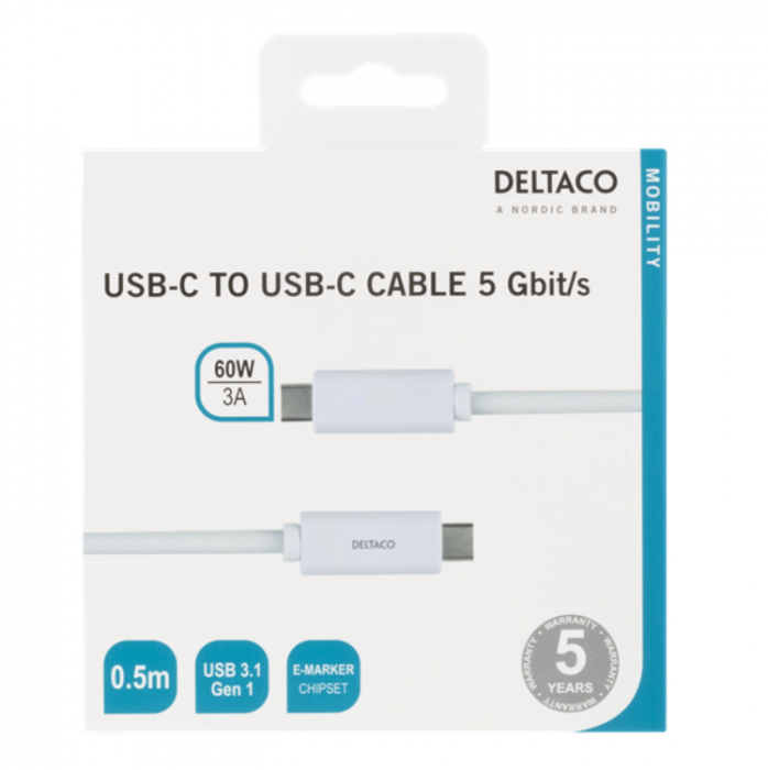 UTGATT1 - Deltaco USB-C till USB-C Kabel 0.5m 3A - Vit