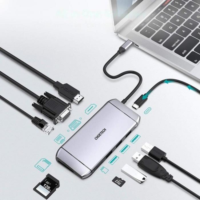 Choetech - Choetech 9in1 Multifunktionell HUB 3 x USB Till USB-C - Gr