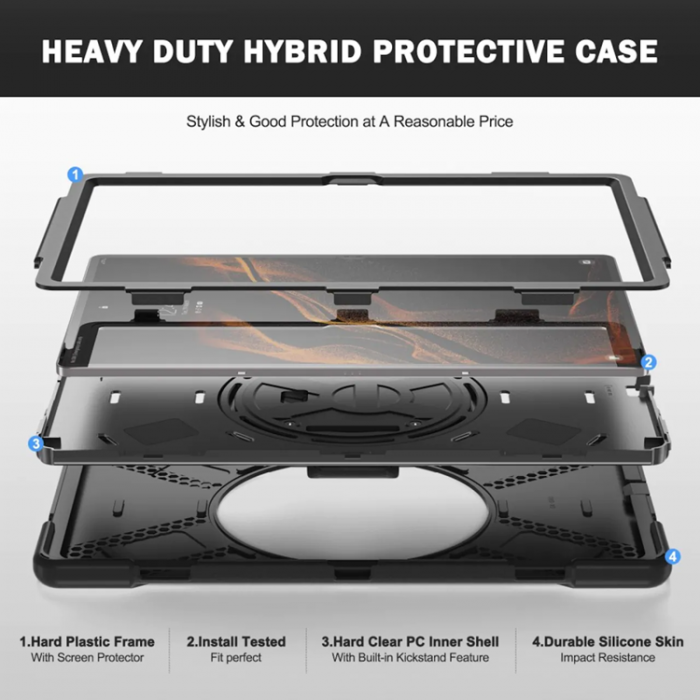 A-One Brand - Galaxy Tab S8 Ultra Skal Shock-Resistant Hybrid med Axelrem - Svart