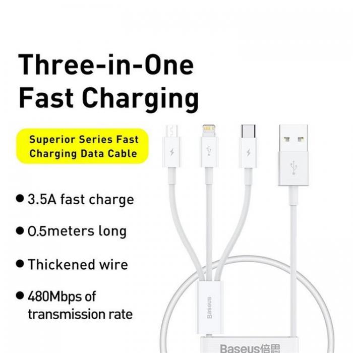 BASEUS - Baseus Kabel USB-A Till USB-C/Lightning/MicroUSB 0.5m - Vit