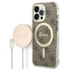 Guess - Guess iPhone 13 Pro Max Magsafe Skal 4G Print + Trådlös Laddare - Brun