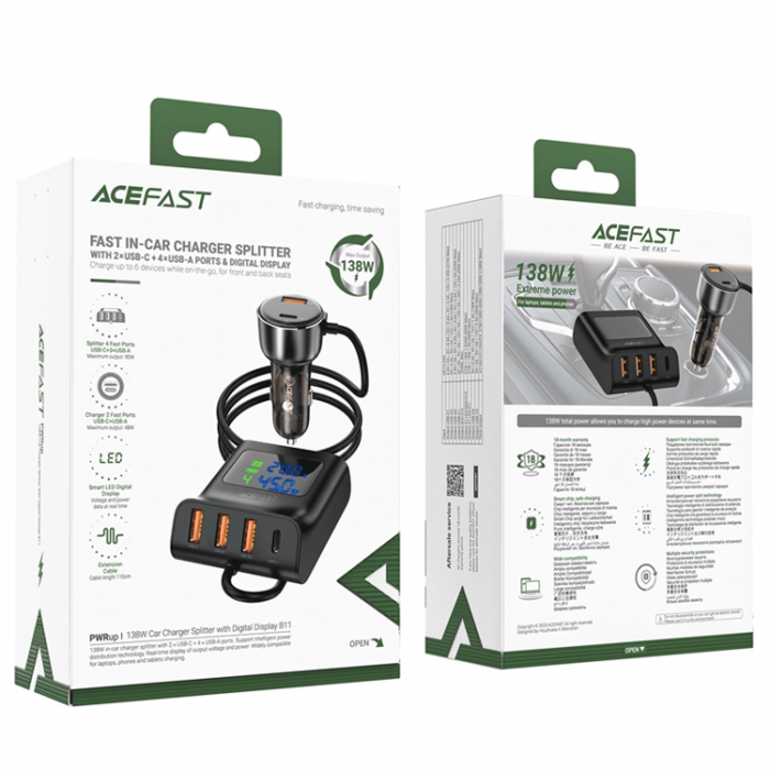 Acefast - Acefast B11 138W USB-A USB-C Billaddare med 6 Portar - Svart