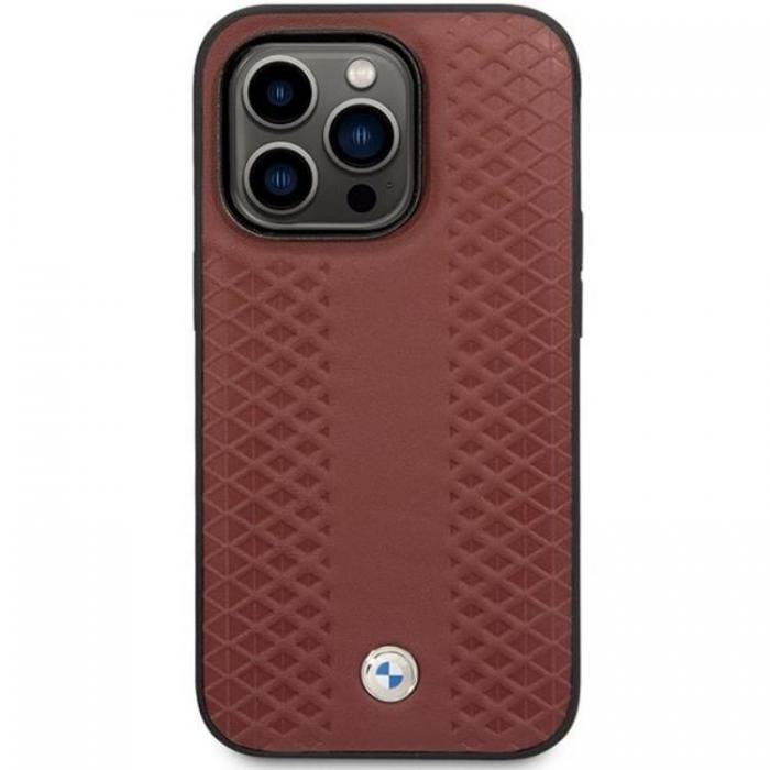 BMW - BMW iPhone 14 Pro Mobilskal Lder Diamond Pattern - Burgundy