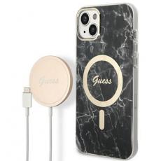 Guess - GUESS iPhone 14 Magsafe Skal Marble + Trådlös Laddare - Svart