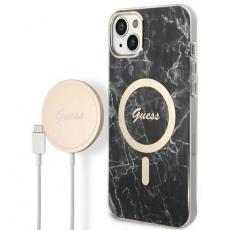 Guess - GUESS iPhone 14 Plus Magsafe Skal Marble + Trådlös Laddare - Svart