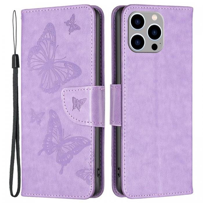 A-One Brand - iPhone 14 Pro Plnboksfodral Butterflies Imprinted - Lila