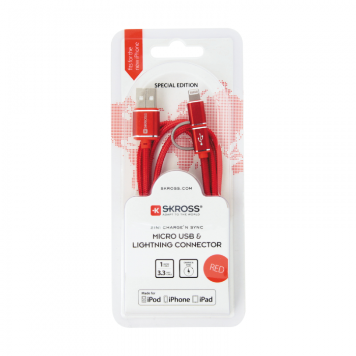 UTGATT1 - SKross Charge'n Sync Micro USB & Lightning Kabel 2m - Rd