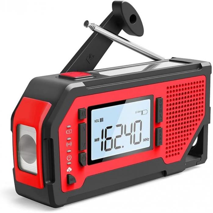 UTGATT5 - Vev-radio med LCD Skrm, Solceller, Ficklampa och 2000mAh Powerbank - Rd