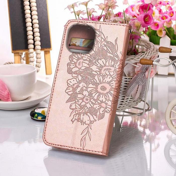 A-One Brand - iPhone 14 Plnboksfodral Butterfly Flower Imprinted - Rosa Guld
