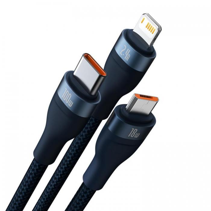 BASEUS - Baseus 3in1 Snabbladdningskabel Lightning, USB-C, microUSB 100W 1.2m - Bl
