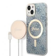 Guess - GUESS iPhone 14 Plus Magsafe Skal 4G Print + Trådlös Laddare - Blå