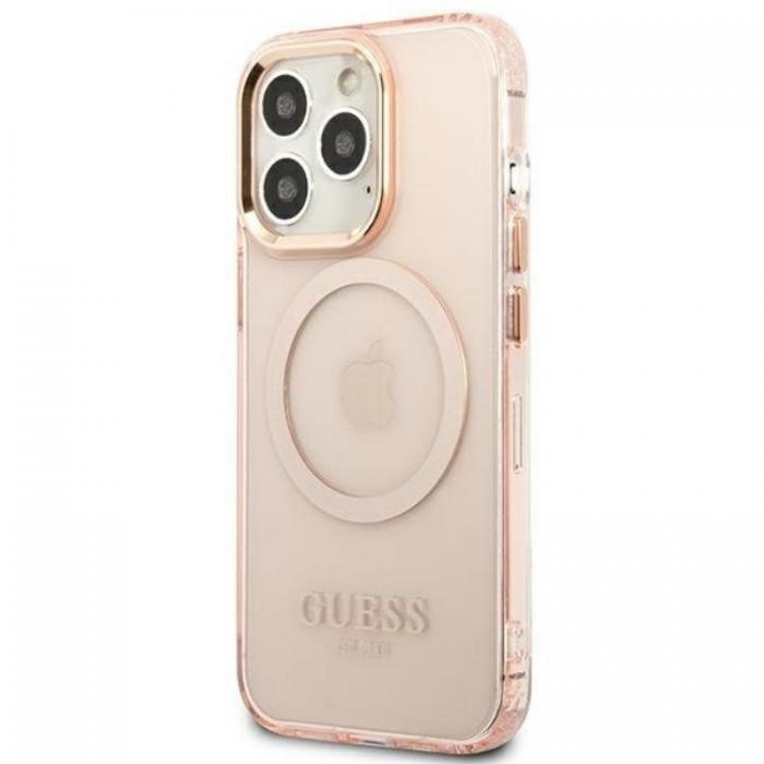 Guess - GUESS iPhone 13 Pro Max Skal MagSafe Gold Outline Translucent - Rosa