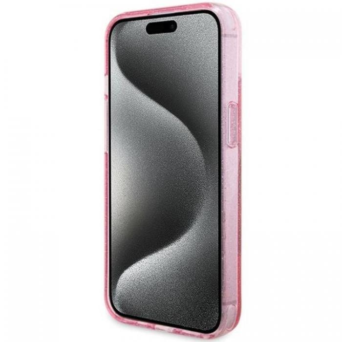 Guess - Guess iPhone 15 Mobilskal Magsafe Ringstll Script Glitter - Rosa