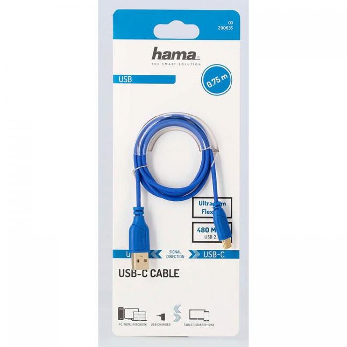 UTGATT1 - HAMA Kabel USB-C Flexi-Slim 0.75m - Guld/Bl