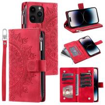 A-One Brand - iPhone 15 Pro Plånboksfodral Mandala Flower Imprinted - Röd