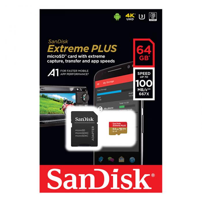 UTGATT5 - SANDISK EXTREME+ MICROSDXC 64GB W/ SD ADAPTER 170MB/S