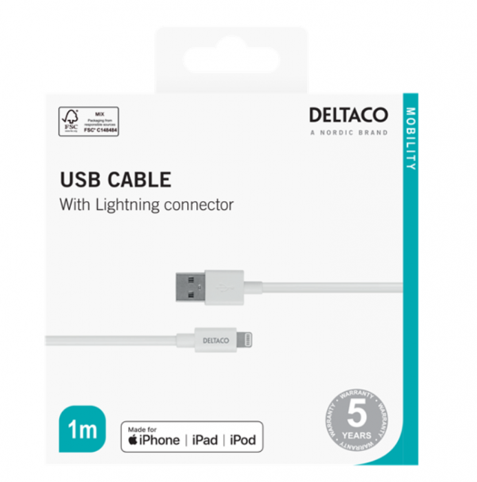 UTGATT1 - Deltaco MFi Lightning Till USB-A Kabel 1m - Vit