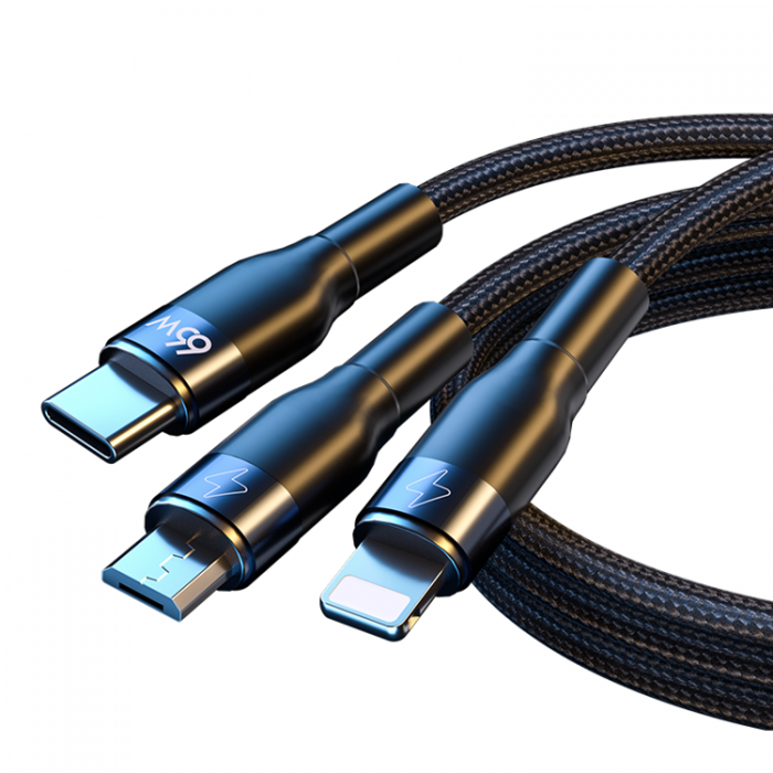 UTGATT1 - Joyroom 3in1 microUSB-C Lightning Kabel 66W 1.2m - Svart