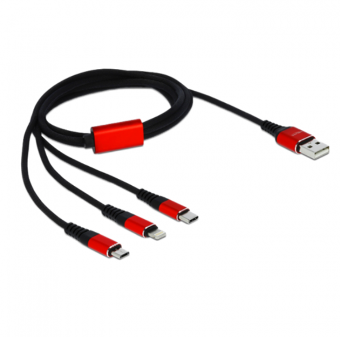 UTGATT1 - DE-LOCK 3in1 USB-A till USB-C, Lightning, microUSB Kabel 1m - Svart