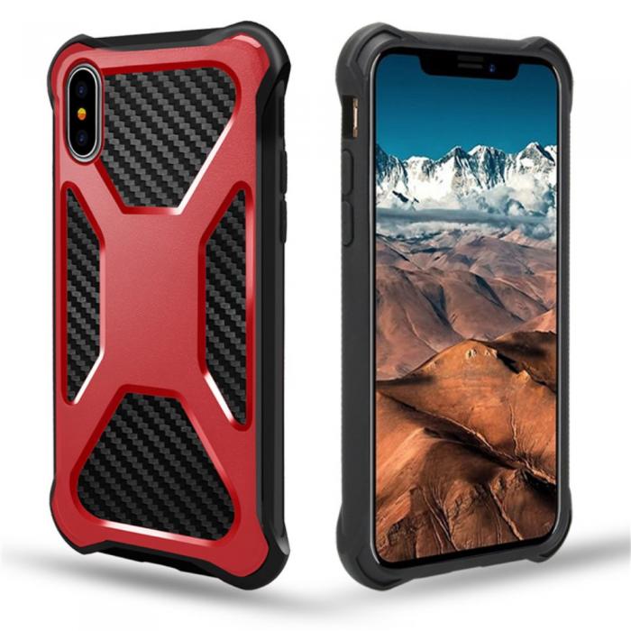 A-One Brand - Carbon Fiber Texture 2-in-1 mobilskal med bltesfodral iPhone XS / X - Rd