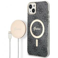 Guess - GUESS iPhone 14 Plus Magsafe Skal 4G Print + Trådlös Laddare - Svart