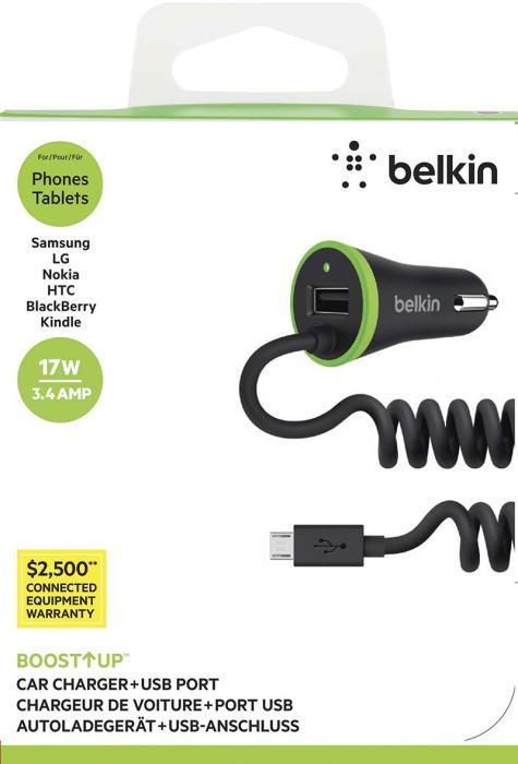 UTGATT1 - Belkin Car Charger Single Usb Port With Coiled Micro Usb Connector 3,4A Black