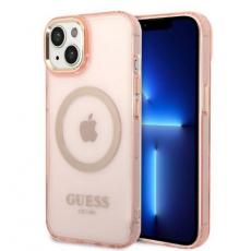 Guess - GUESS iPhone 14 Plus Skal MagSafe Gold Outline Translucent - Rosa