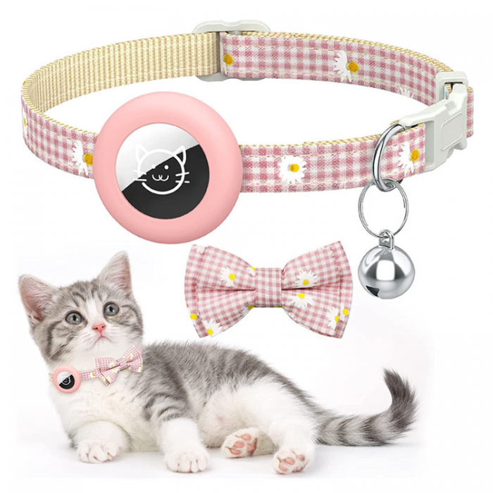 A-One Brand - Airtag Skal Bow Cat Collar med Breakaway Bell - Rosa